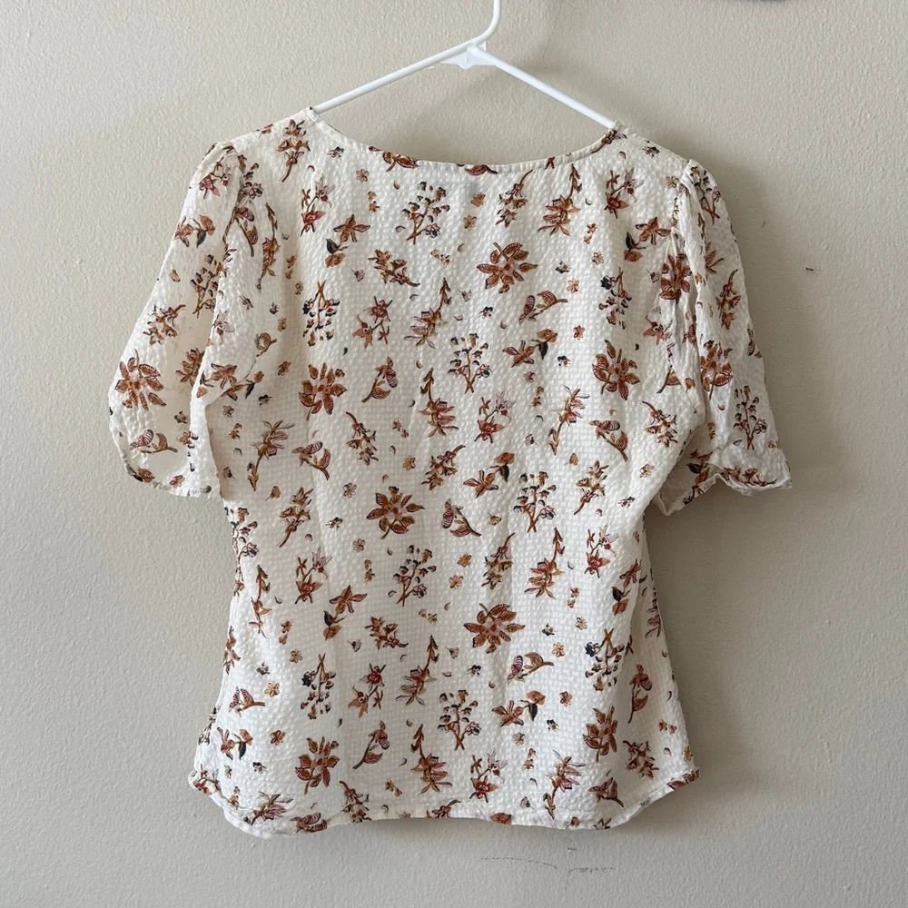 Madewell Floral 100% Silk Clip Dot Gingham Ruched V Neck Puff Sleeve Top size 8